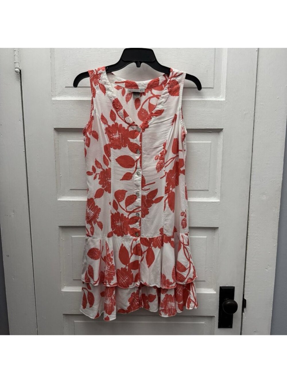 Peppermint Bay Dress Women’s Small Red White Floral Sleeveless Ruffle Hem Rayon
